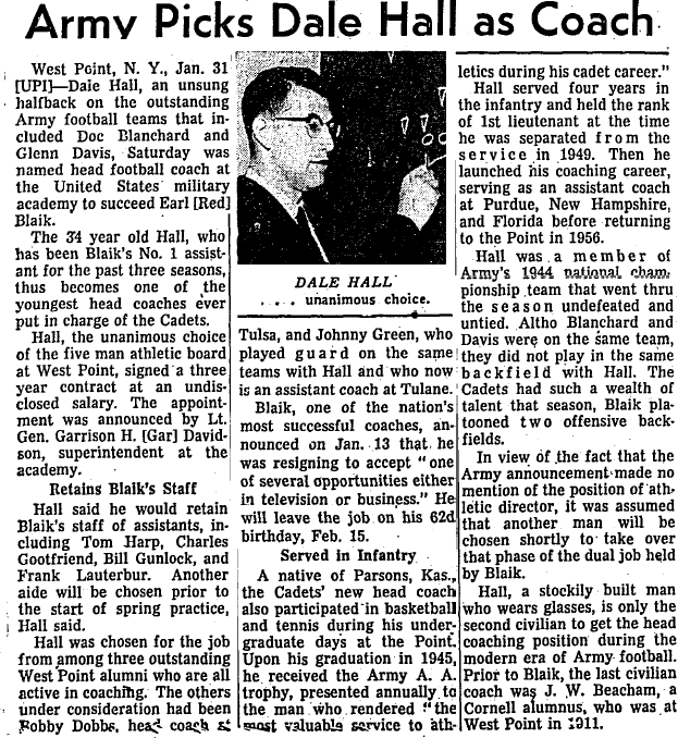 ArmyFB_1959_DaleHall_NewCoach_ChicagoTribune_Feb11959
