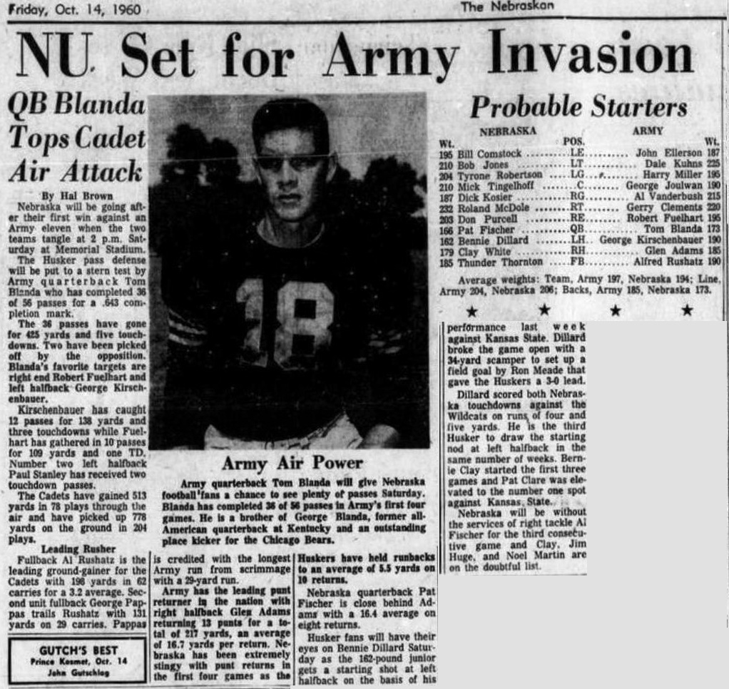 ArmyFB_1960_vsNebraska_DailyNebraskan_14Oct1960