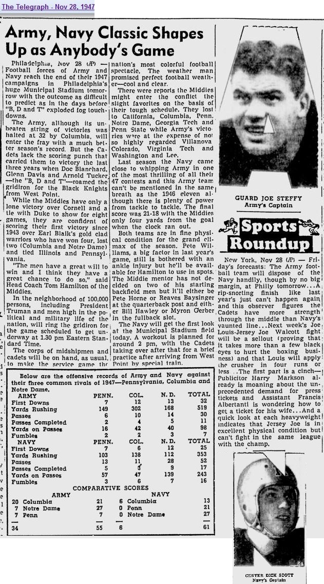 ArmyFB_1947_pre-vsNavy_TheTelegraph_Nov281947