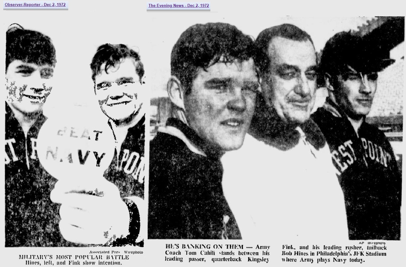 ArmyFB_1972_vsNavy-pre_Fink-Hines-CoachCahill_ObserverReporter-EveningIndependent_Dec21972