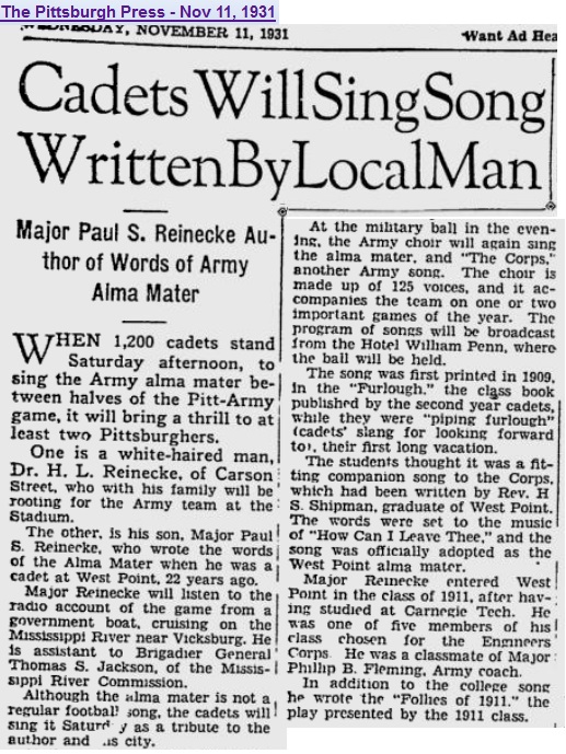 AlmaMater-Reinecke_PittsburghPress_Nov111931
