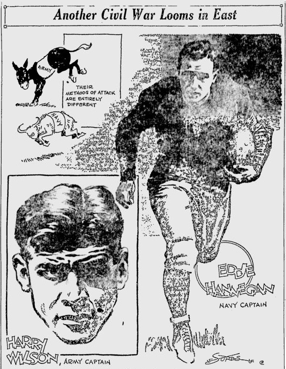 ArmyFB_1927_LighthorseHarryWilson-EddieHannegan-Navy_byJackSords_BerkeleyDailyGazette_Nov221927