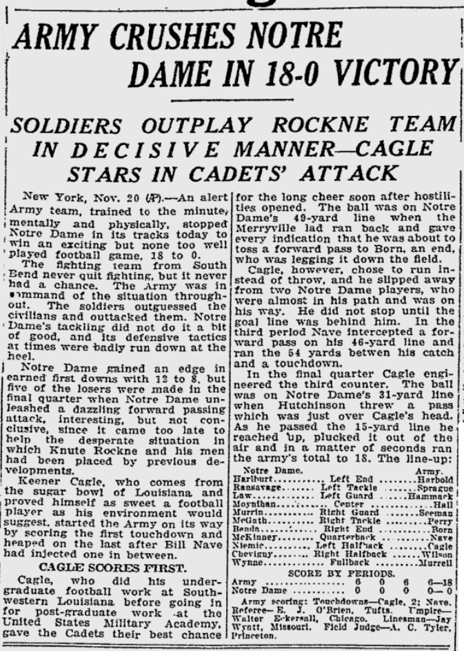 ArmyFB_1927_vsNotreDame_ReadingEagle_Nov131927