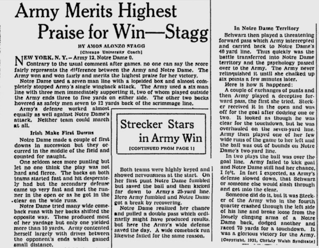 ArmyFB_1931_vsND_byAAStagg_MilwaukeeJournal_Nov291931