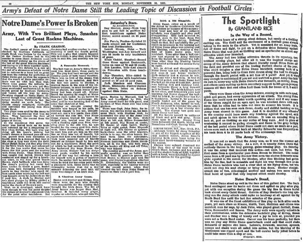 ArmyFB_1931_vsNotreDame-postgame_NYSun_Nov301931