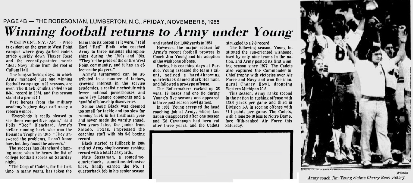 ArmyFB_1985_WinningunderYoung_Robesonian_Nov81985