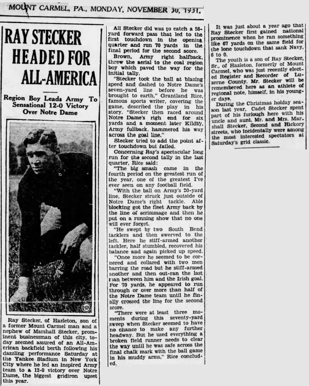 ArmyFB_1931_RayStecker_MountCarmelItem_Nov301931