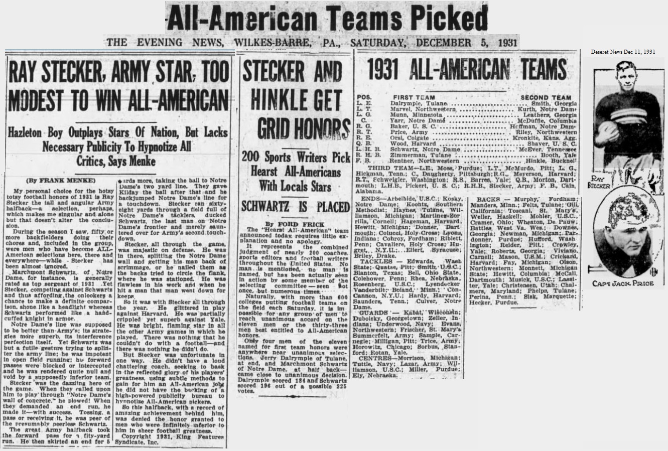 ArmyFB_1931_Stecker-Price-Summerfelt-Lazar_All-America_EveningNews_WilkesBarrePA_Dec51931