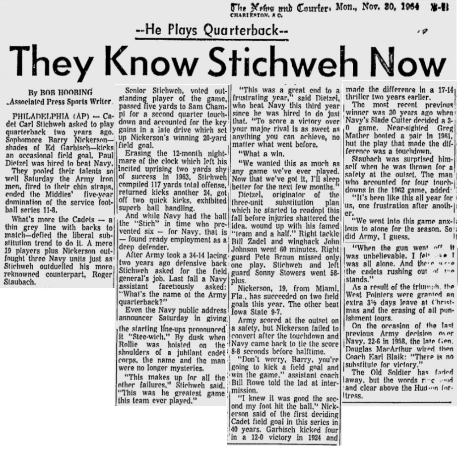 ArmyFB_1964_vsNavy-Stichweh_NewsandCourier_Nov301964