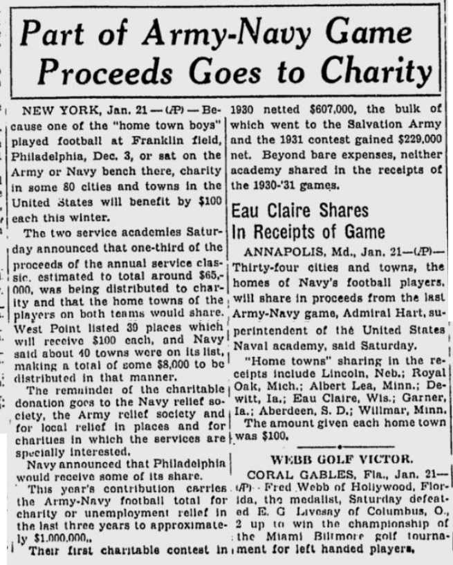 ArmyvsNavy_1932_Proceeds_MilwaukeeSentinel_Jan221933